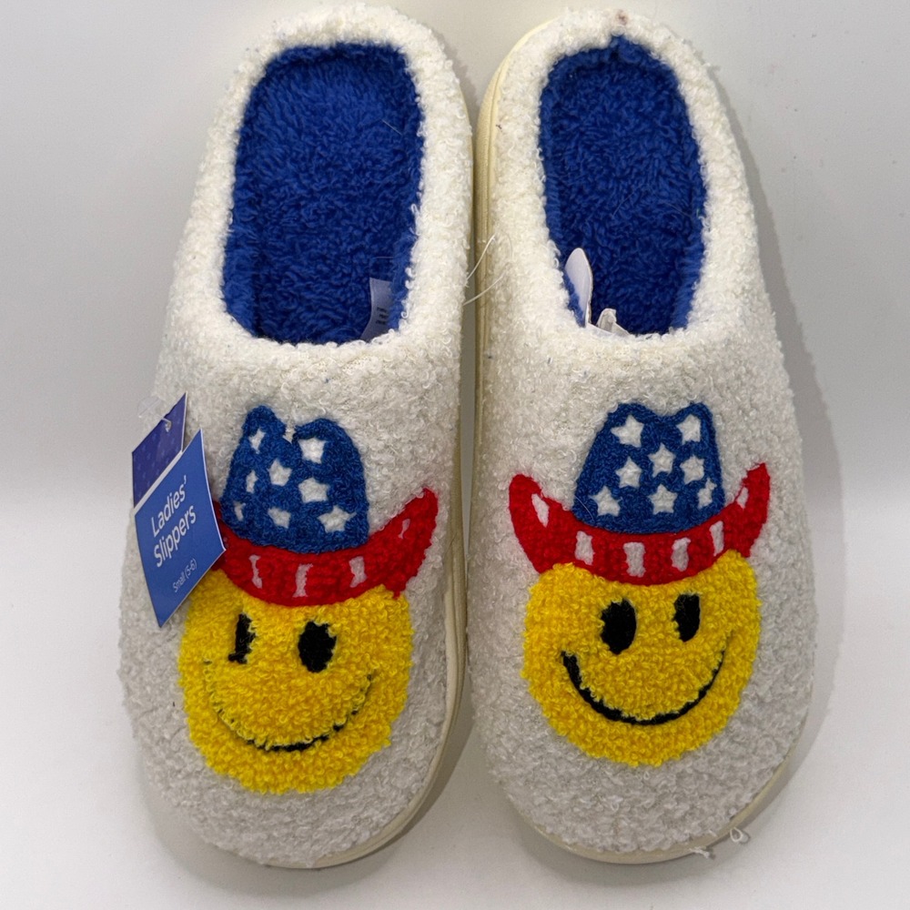 USA July 4th S(5/6) Patriotic Smiley Face Cowgirl Hat Western Americana Slippers